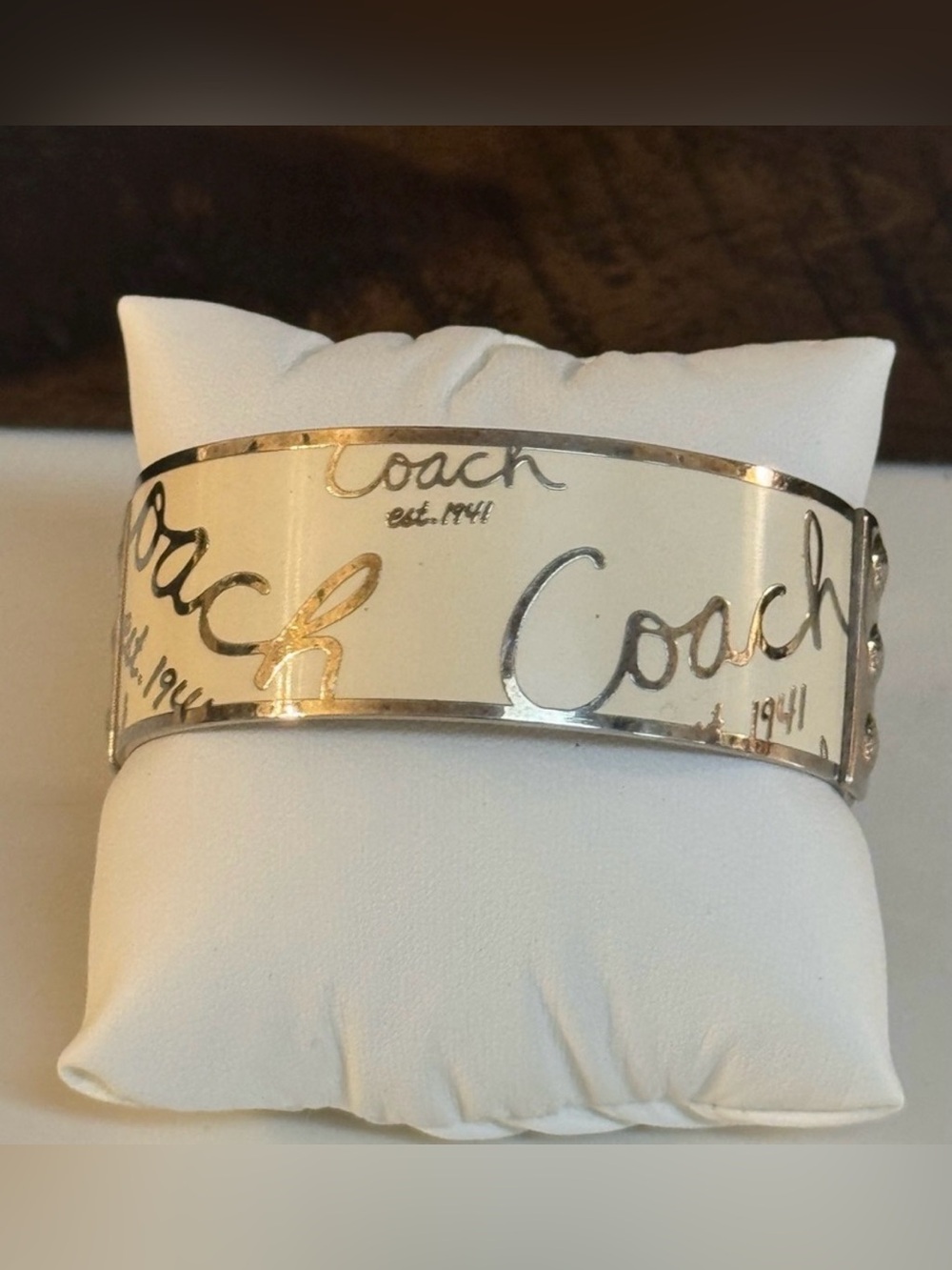 Coach Silver and Ivory Logo Bangle Bracelet